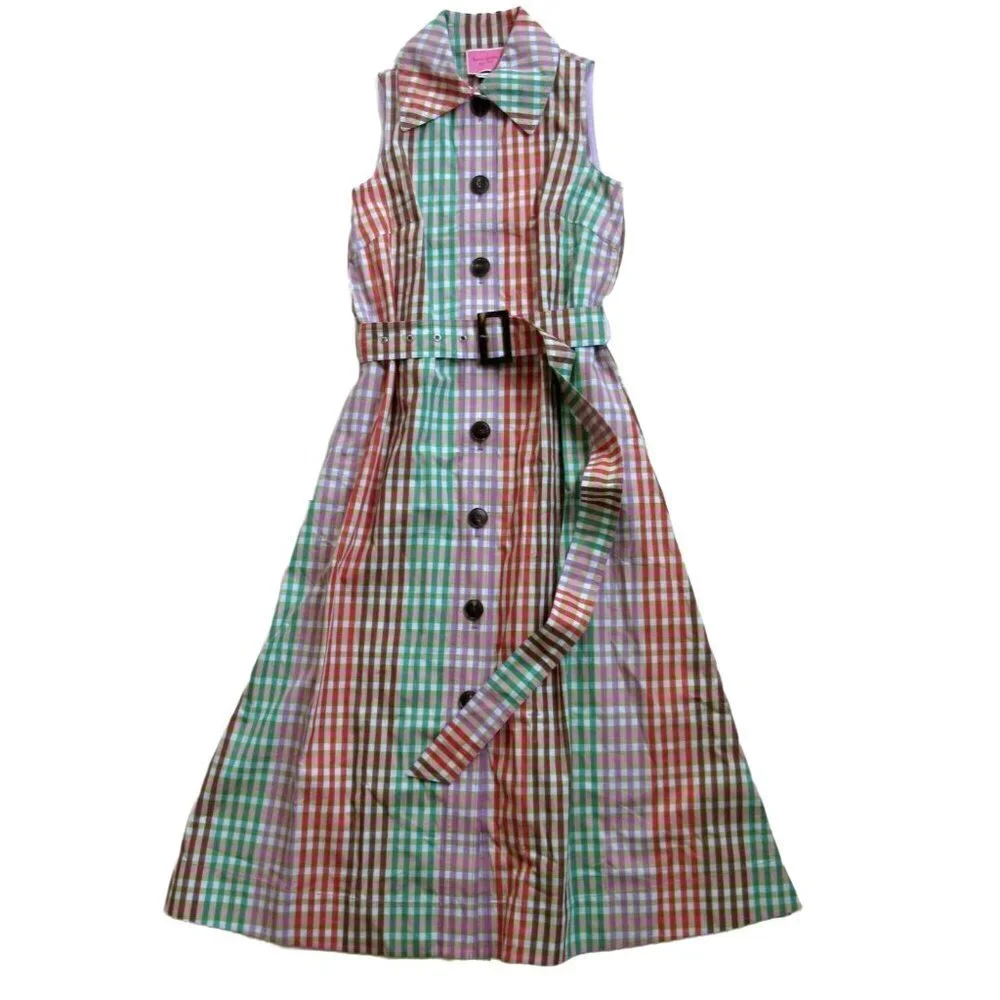 NWT Kate Spade New York Rainbow Plaid Cotton Belted Button Front Shirt Dress XXS
